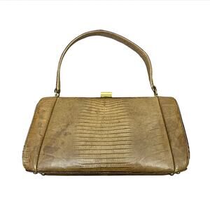 1960s Brown Lizard Leather Handbag Structured Top Handle Mad Men Purse -